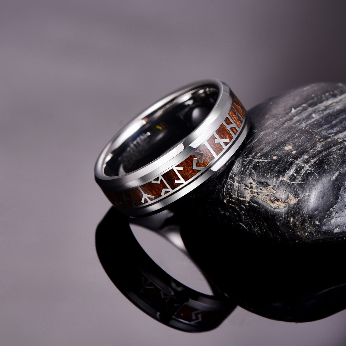 Men's 8mm Phoenician Pattern Wood Inlay Silver Tungsten Carbide Ring