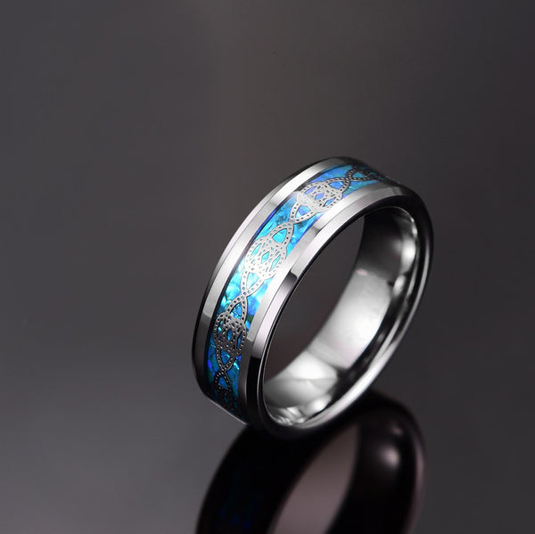 Men's 8mm Silver Knot and Blue Opal Inlay Silver Tungsten Carbide Ring