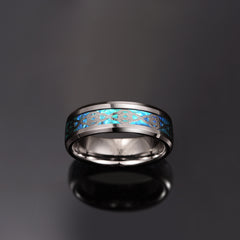 Men's 8mm Silver Knot and Blue Opal Inlay Silver Tungsten Carbide Ring