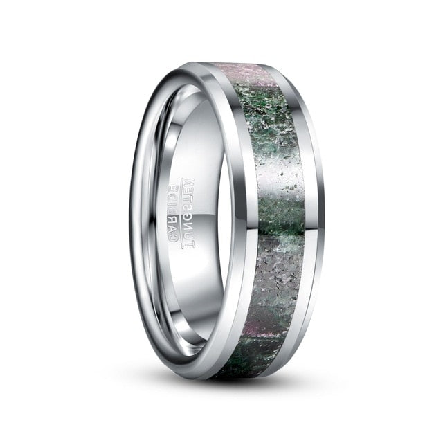 Men's 8mm Green Stone Inlay Silver Tungsten Carbide Ring