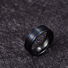 Men's 8mm Double Blue Groove Frosted Black Tungsten Carbide Ring