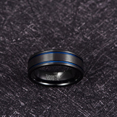 Men's 8mm Double Blue Groove Frosted Black Tungsten Carbide Ring