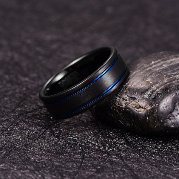 Men's 8mm Double Blue Groove Frosted Black Tungsten Carbide Ring