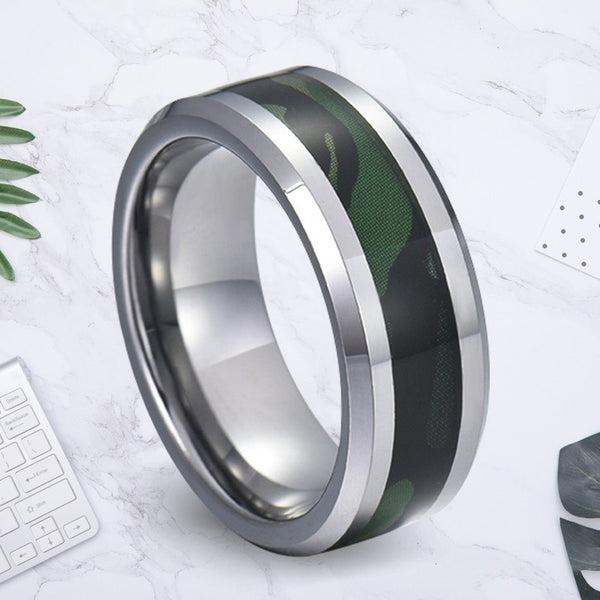 Men's 8mm Camouflage Inlay Silver Tungsten Carbide Ring