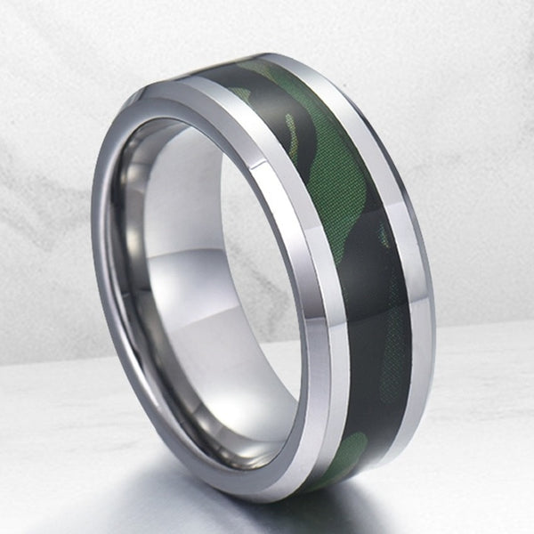 Men's 8mm Camouflage Inlay Silver Tungsten Carbide Ring