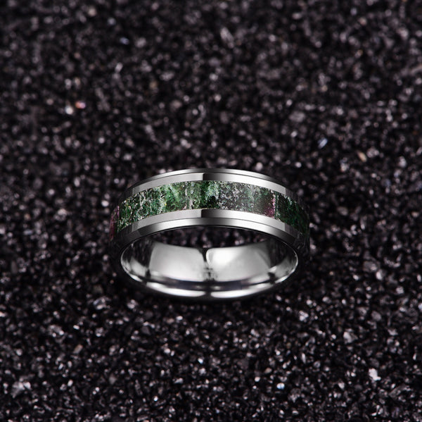 Men's 8mm Green Stone Inlay Silver Tungsten Carbide Ring