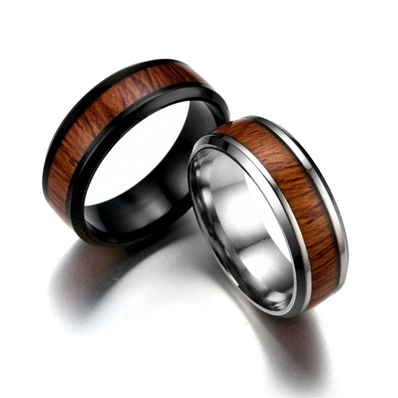 Men's 8mm Vintage Wood Grain Polished Tungsten Carbide Ring