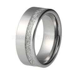 Men's 8mm Offset Meteorite Inlay Flat Brushed Silver Tungsten Carbide Ring