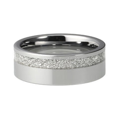 Men's 8mm Offset Meteorite Inlay Flat Brushed Silver Tungsten Carbide Ring