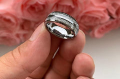 Men's 8mm Meteorite Inlay Polished Silver Tungsten Carbide Ring