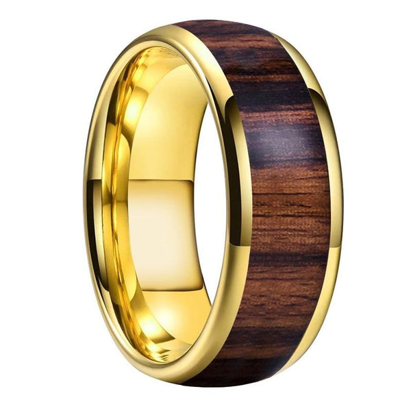 Men's 8mm Shedua Wood Inlay Dome Gold Tungsten Ring
