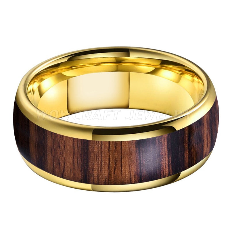 Men's 8mm Shedua Wood Inlay Dome Gold Tungsten Ring