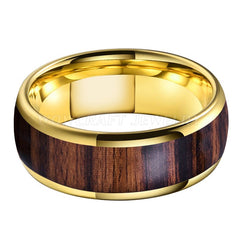 Men's 8mm Shedua Wood Inlay Dome Gold Tungsten Ring