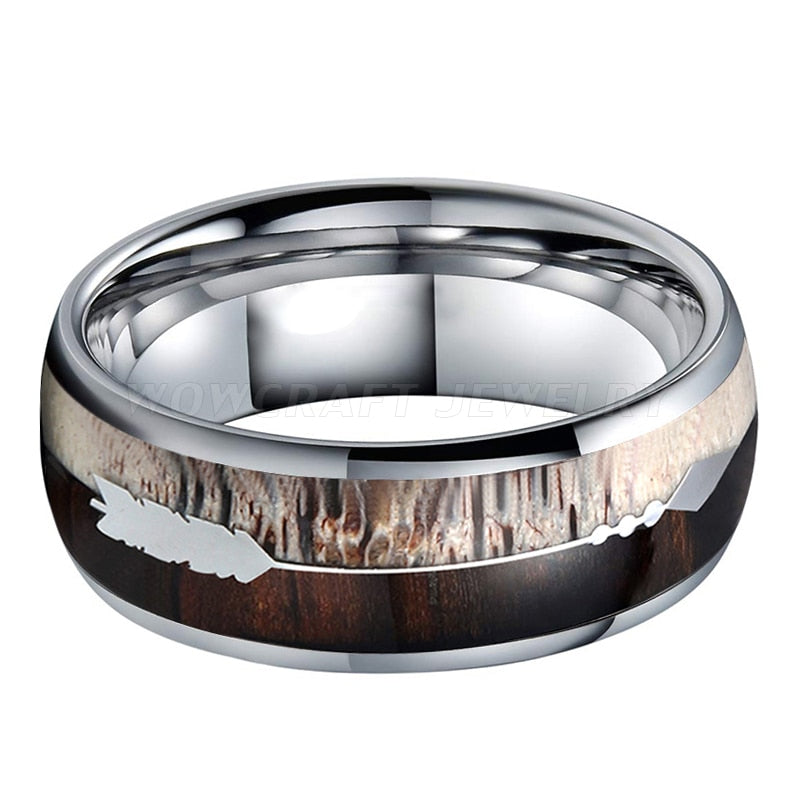 Men's 8mm Deer Antler Koa Wood and Arrow Inlay Silver Tungsten Ring