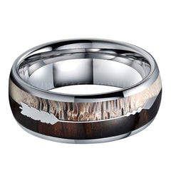 Men's 8mm Deer Antler Koa Wood and Arrow Inlay Silver Tungsten Ring