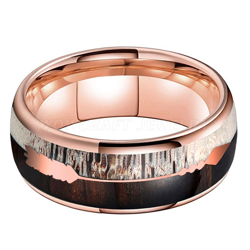 Men's 8mm Deer Antler Koa Wood and Arrow Inlay Rose Gold Tungsten Ring