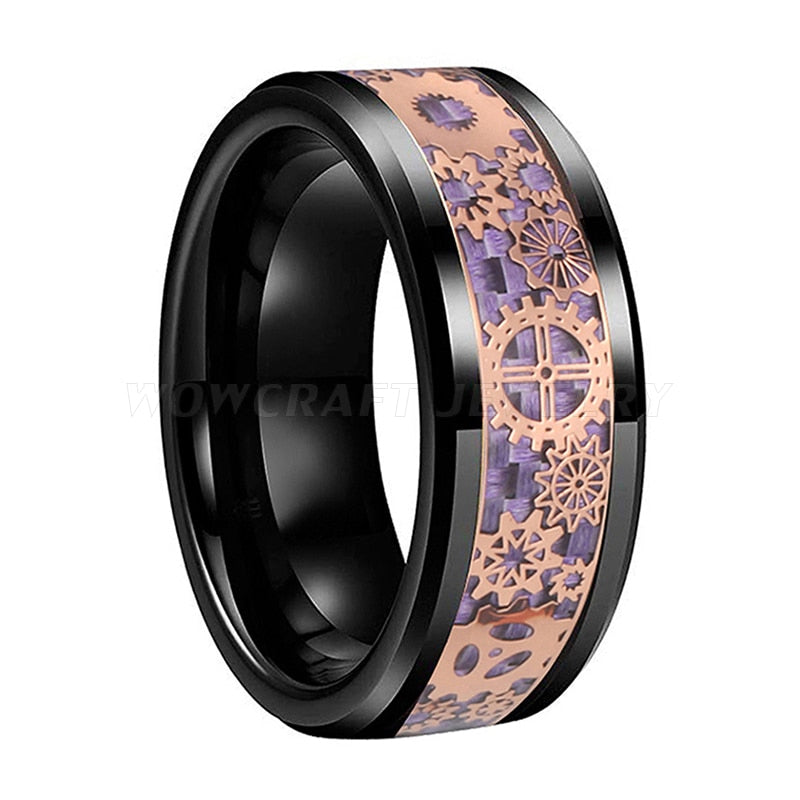Men's 6mm Rose Gold Gear Inlay Black Tungsten Carbide Ring