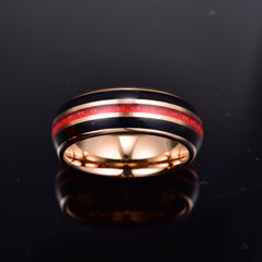 Men's 8mm Navy Carbon Fiber and Red Carbon Fiber Inlay Rose Gold Tungsten Carbide Ring