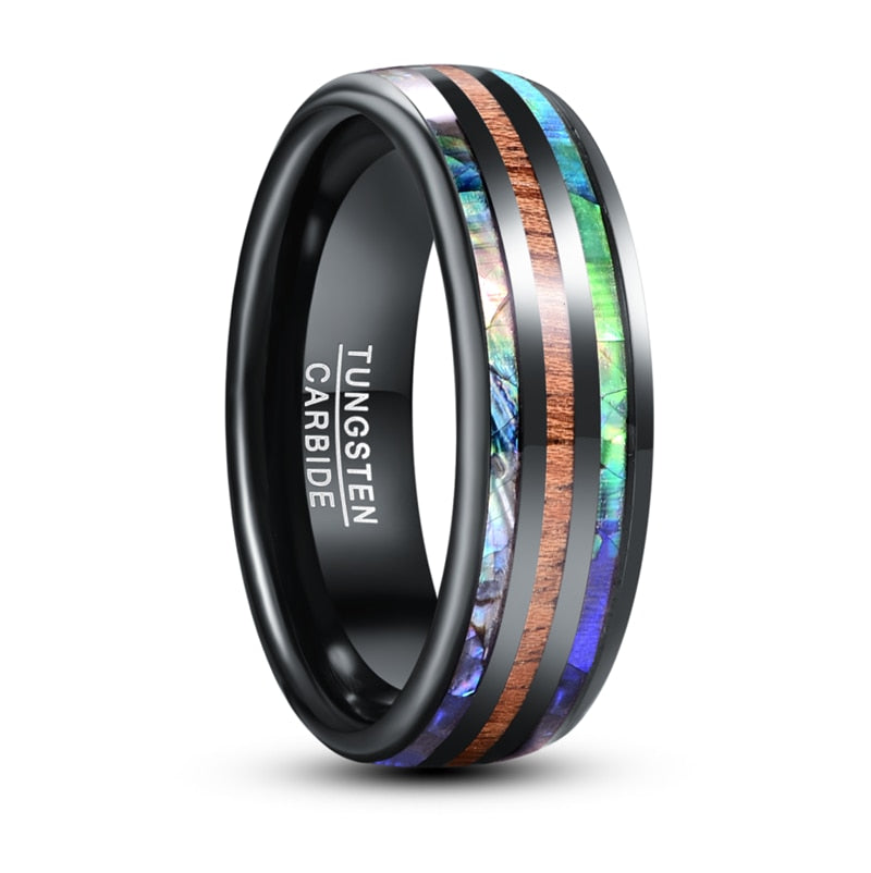 Men's 8mm Electric Black | Green | Blue Abalone and Wood Grain Inlay Black Tungsten Carbide Ring