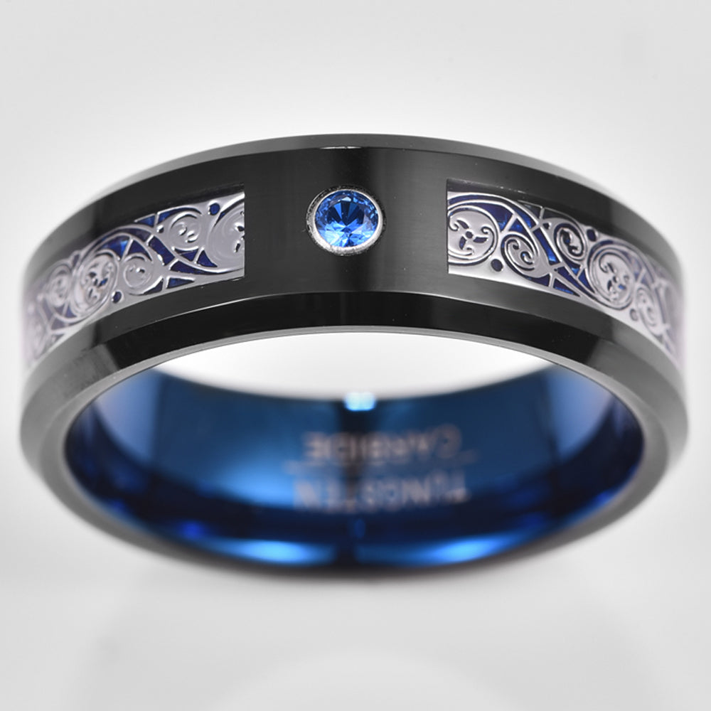 Men's 8mm Triple Spiral Inlaid Blue Zirconia Tungsten Carbide Ring