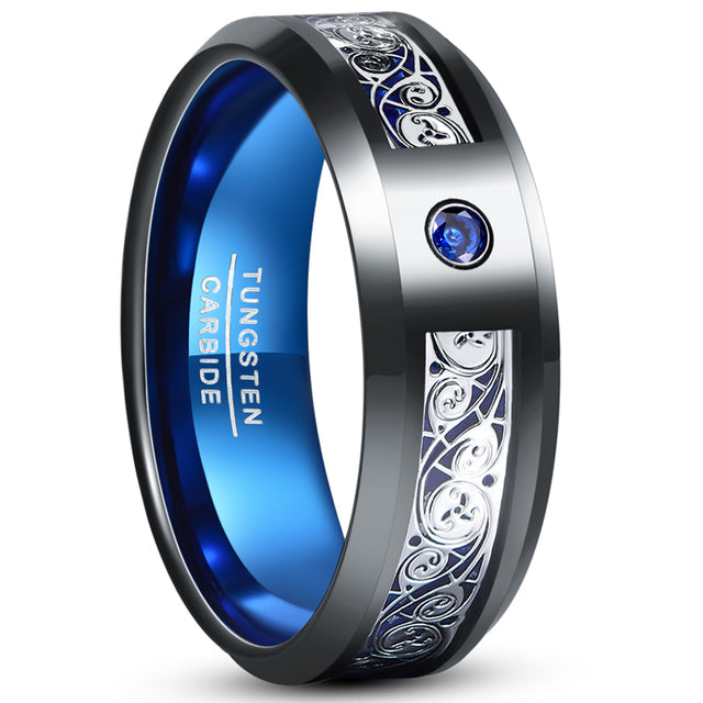 Men's 8mm Triple Spiral Inlaid Blue Zirconia Tungsten Carbide Ring