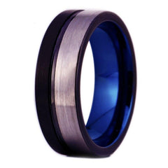 Men's 8mm Brushed Silver and Black Blue Inner Tungsten Carbide Ring