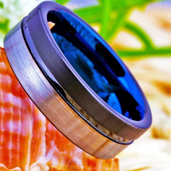 Men's 8mm Brushed Silver and Black Blue Inner Tungsten Carbide Ring