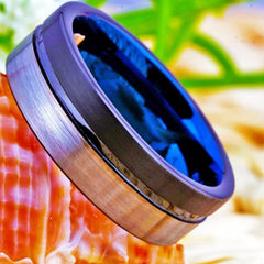 Men's 8mm Brushed Silver and Black Blue Inner Tungsten Carbide Ring