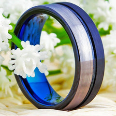 Men's 8mm Brushed Silver and Black Blue Inner Tungsten Carbide Ring