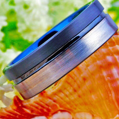 Men's 8mm Brushed Silver and Black Blue Inner Tungsten Carbide Ring