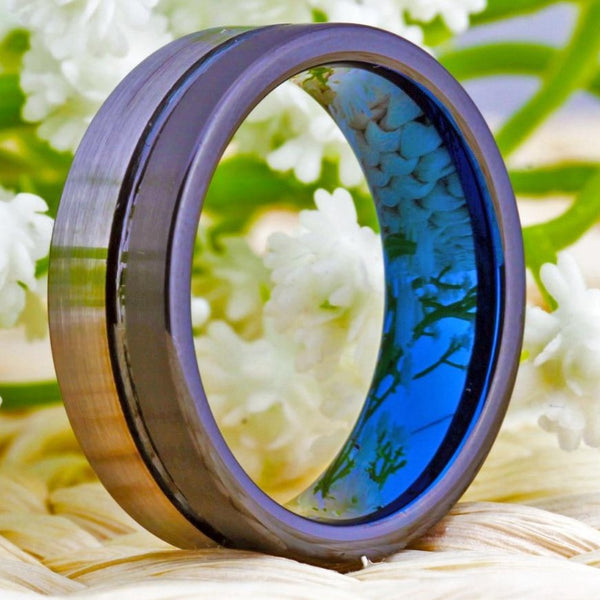 Men's 8mm Brushed Silver and Black Blue Inner Tungsten Carbide Ring