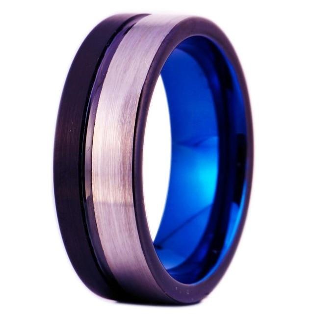 Men's 8mm Brushed Silver and Black Blue Inner Tungsten Carbide Ring