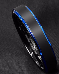 Men's 6mm Blue Bevel Black Tungsten Carbide Ring