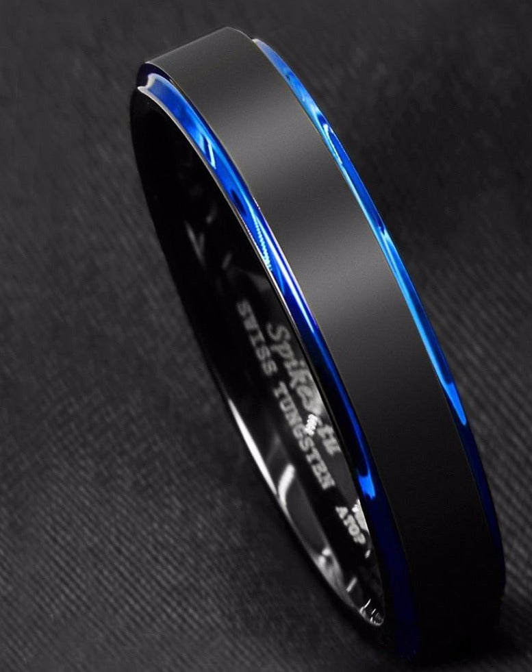 Men's 6mm Blue Bevel Black Tungsten Carbide Ring