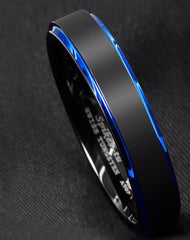 Men's 6mm Blue Bevel Black Tungsten Carbide Ring