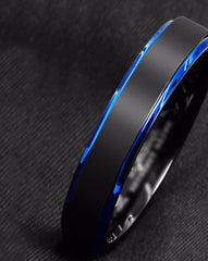 Men's 6mm Blue Bevel Black Tungsten Carbide Ring