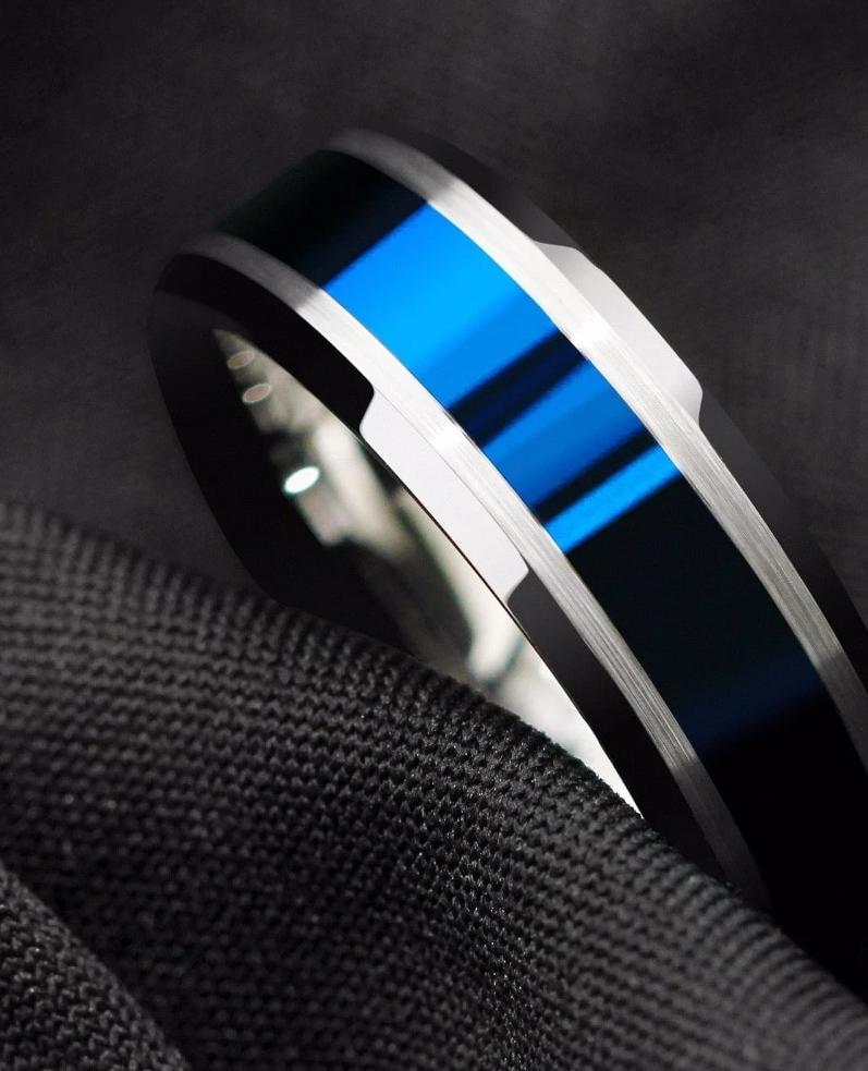 Men's 8mm Polished Blue Inlay Silver Tungsten Carbide