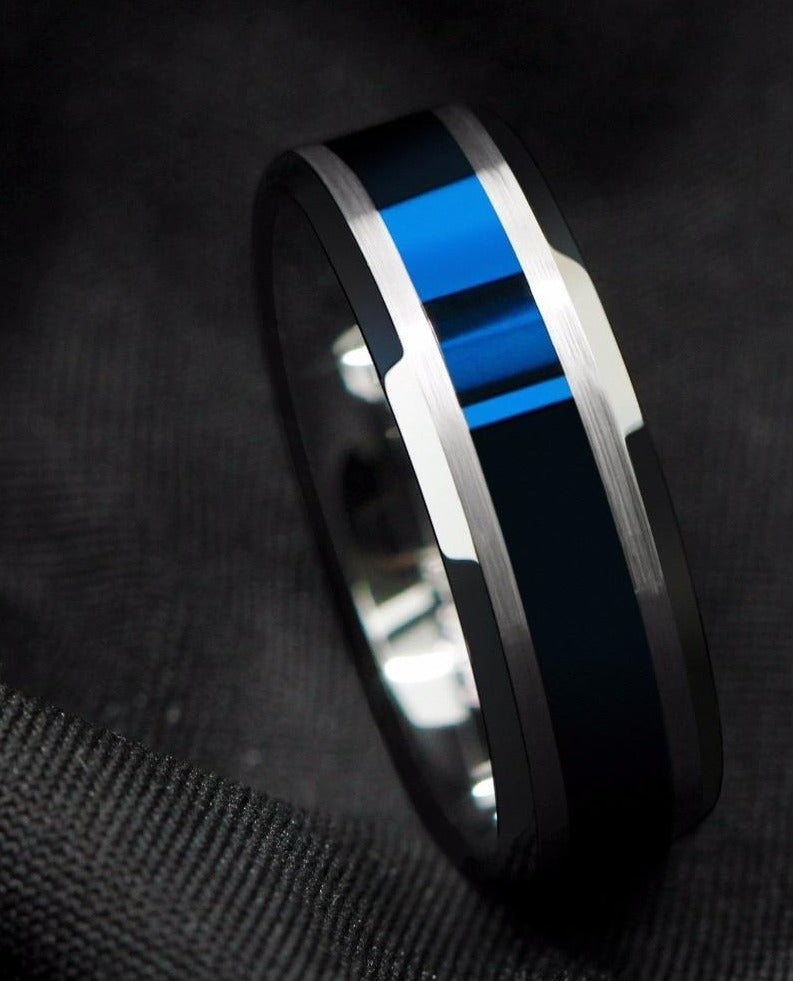 Men's 8mm Polished Blue Inlay Silver Tungsten Carbide