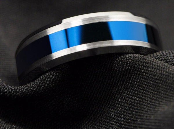 Men's 8mm Polished Blue Inlay Silver Tungsten Carbide