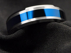 Men's 8mm Polished Blue Inlay Silver Tungsten Carbide