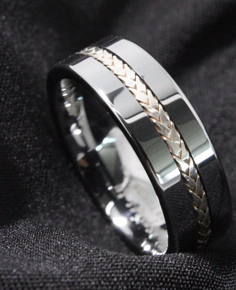 Men's 8mm Silver Rope Inlay Polished Silver Tungsten Carbide Ring