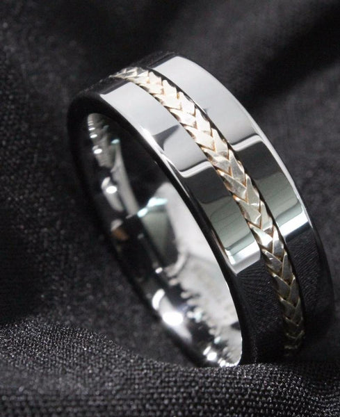 Men's 8mm Silver Rope Inlay Polished Silver Tungsten Carbide Ring