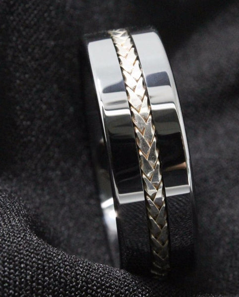 Men's 8mm Silver Rope Inlay Polished Silver Tungsten Carbide Ring