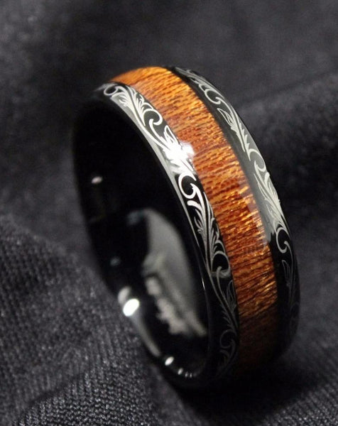 Men's 8mm Koa Wood Inlay Laser Etched Vine Bevel Tungsten Carbide Ring