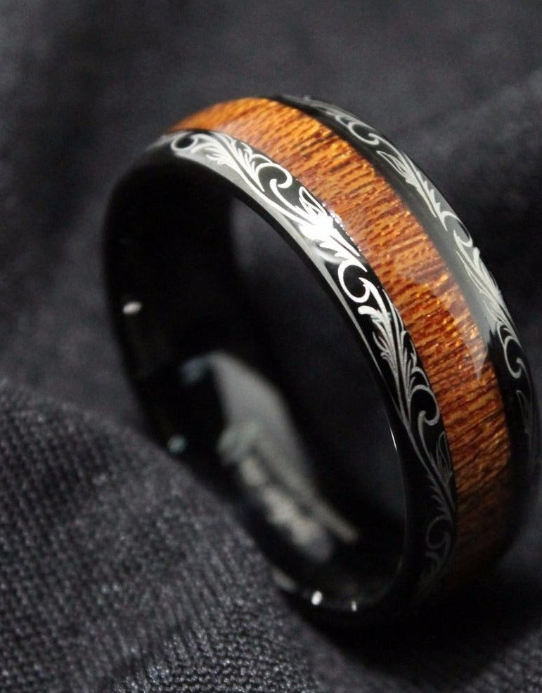 Men's 8mm Koa Wood Inlay Laser Etched Vine Bevel Tungsten Carbide Ring