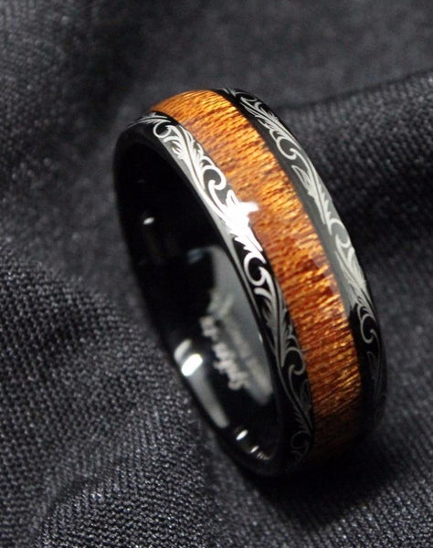 Men's 8mm Koa Wood Inlay Laser Etched Vine Bevel Tungsten Carbide Ring