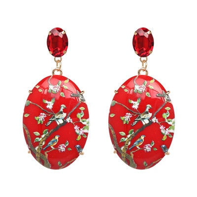 Red Acrylic Flower and Bird Painted Drop Earrings