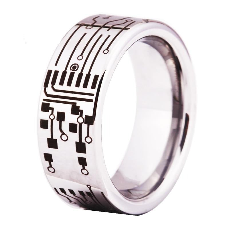 Men's 8mm Etched Circuit Board Polished Silver Tungsten Carbide Ring