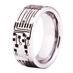 Men's 8mm Etched Circuit Board Polished Silver Tungsten Carbide Ring