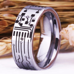Men's 8mm Etched Circuit Board Polished Silver Tungsten Carbide Ring